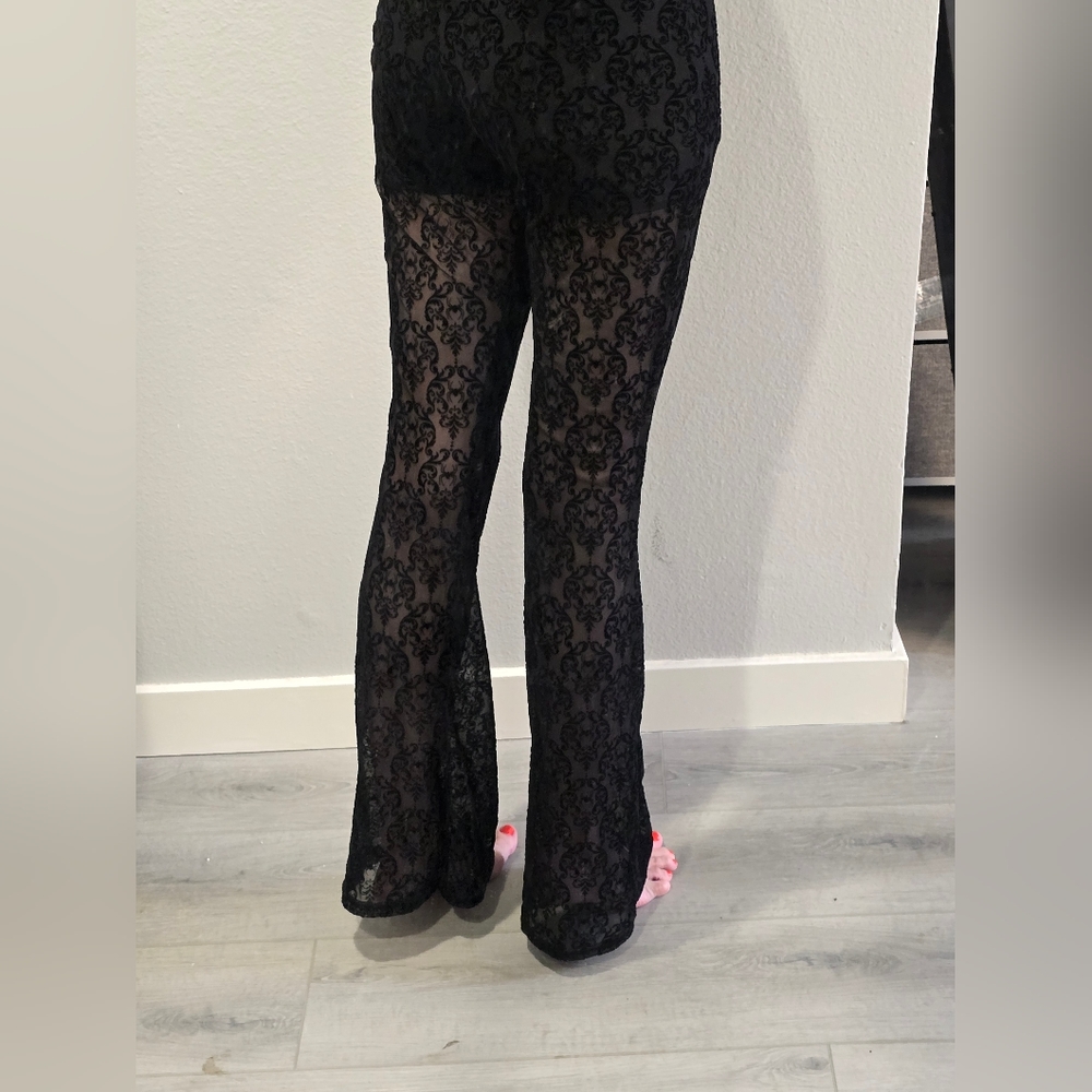 NWT Rare Disturbia Delena Flared Jumpsuit Goth Sheer Flocked Spider Ruffle XS - Picture 14 of 16